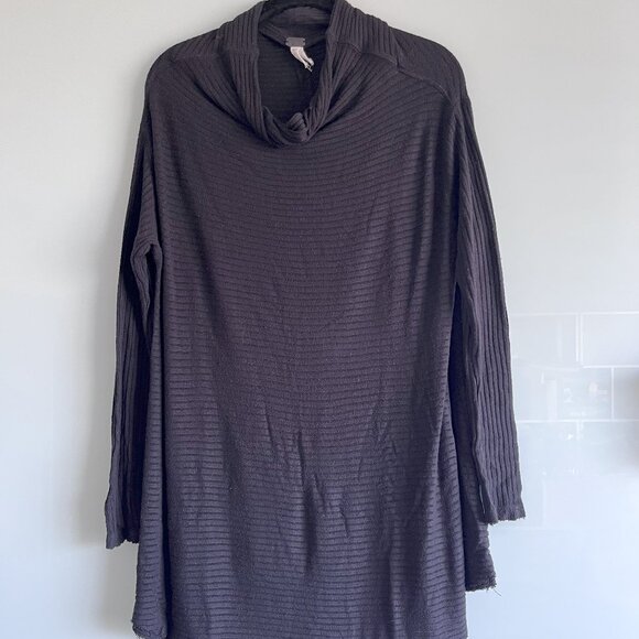Free People Ribbed Tunic Sweater Top Black Raw Hem Mock Neck Open Back M - Picture 1 of 6